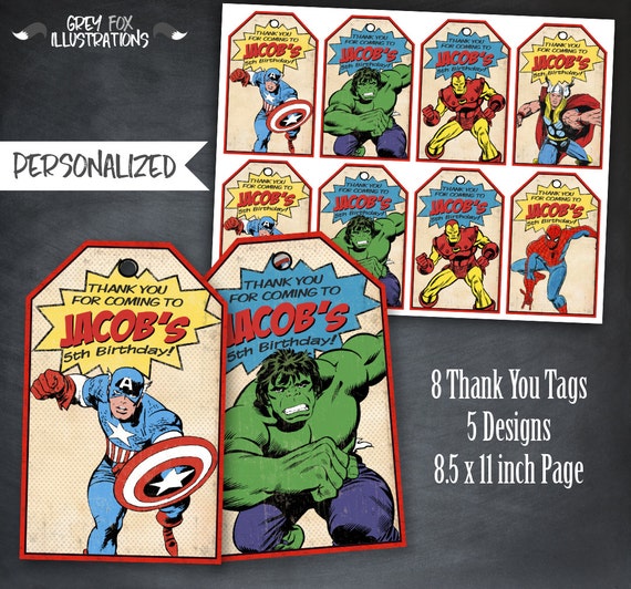 Comic Book Thank You Tags, Comic Book Tags, Superhero Tags, Party, Avengers Tags, Favor Tags, Personalized, Printables, Digital, SuperHeroes Il_570xn