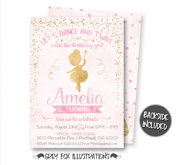 Ballerina Birthday Invitation, Ballerina Invitation, Ballerina Party, First Birthday, Personalized, Printables, Gold Glitter, Foil, and Pink Il_570xn