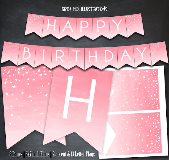 Pink Ombre Banner, Pastels Birthday Banner, Pink Watercolor Banner, Printables, Pink Birthday Banner, Simple Banner Flags, Digital, DIY Il_570xn