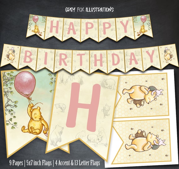 Winnie The Pooh Banner, Winnie The Pooh Birthday Banner, Pooh Party, Printables, Classic Winnie Pooh, Party, Favors, Banner Flags, Digital Il_570xn