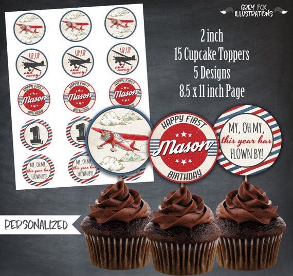 Airplane Cupcake Toppers, Red Airplane Cupcake Toppers, Favors