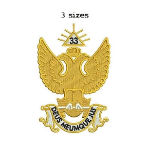 May include: A gold embroidered patch with a double-headed eagle, a triangle with a 33 inside, and a banner that reads "DEUS MEUMQUE IUS".