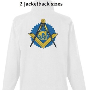 May include: White fleece jacket with a blue and gold embroidered Masonic symbol on the back. The symbol features a compass and square with a 'G' in the centre.