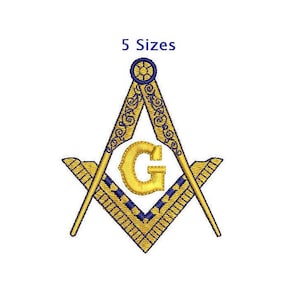 May include: A gold and blue embroidered Masonic symbol with a compass and square, a letter G in the center, and the text "5 Sizes".