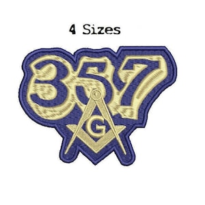 May include: Embroidered patch featuring the numbers 357 in gold on a blue background. A gold Masonic compass and square are centred below the numbers.