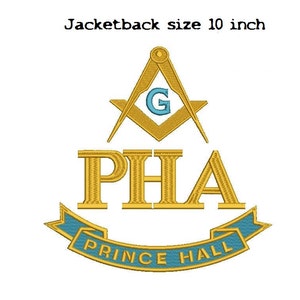 May include: A gold embroidered patch featuring a compass and square, with a 'G' in the centre, and the letters 'PHA' below. A blue ribbon with the text 'Prince Hall' is beneath the letters.
