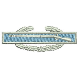 May include: A silver embroidered military patch with a blue ribbon and a white rifle. The ribbon has a white border and the rifle is centered on the ribbon. The patch is surrounded by a silver wreath.