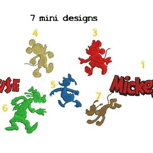 May include: Seven mini embroidery designs featuring Mickey Mouse and Minnie Mouse in various poses. The designs are numbered 1 through 7. The text "Mickey Mouse" and "Minnie Mouse" is also included in the image.