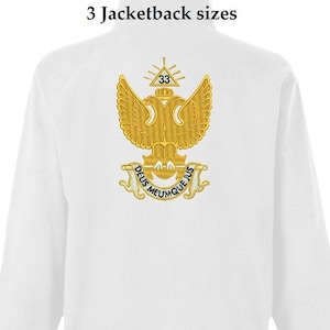 May include: White jacket with a gold embroidered eagle and the text "DEUS MEUMQUE JUS" on the back. The eagle is holding a staff with a triangle and the number 33 on top.