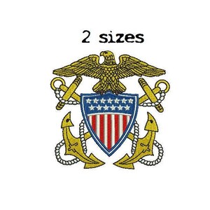 May include: Embroidered patch featuring the United States Navy seal. The seal is gold with a blue shield, red and white stripes, and a bald eagle with outstretched wings. The text "2 sizes" is above the seal.