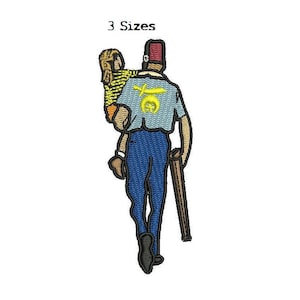 May include: An embroidered patch featuring a cartoon illustration of a person carrying a child on their back. The person is wearing a blue shirt, blue pants, and a red hat. The child is wearing a yellow shirt and orange shorts. The patch has a yellow emblem on the back of the shirt.