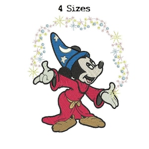 Könnte beinhalten: Mickey Mouse als Zauberer mit einem blauen Hut und einem roten Umhang, umgeben von funkelnden Sternen.