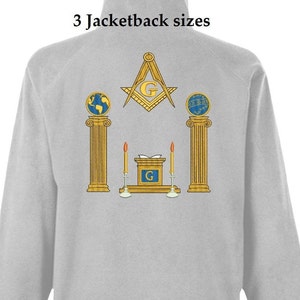 May include: A grey hooded sweatshirt with a Masonic symbol design on the back. The design features a compass and square, a globe, two pillars, and a book with a 'G' on it.