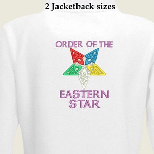 May include: White zip-up jacket featuring the text "Order of the Eastern Star" and a five-pointed star with a Celtic knot design in the centre. The star is in shades of red, yellow, blue, green, and white.
