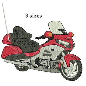 May include: Red and white motorcycle with a windshield and saddlebags. 3 sizes.