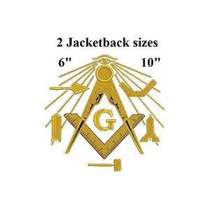May include: Gold embroidered Masonic symbol with a compass and square, a 'G' in the centre, and a radiating sunburst. The text '2 Jacketback sizes 6" 10"' is above the symbol.