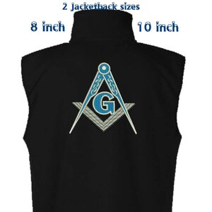 May include: Black sleeveless jacket with a blue and white embroidered Masonic symbol on the back. The symbol includes a compass, square, and the letter "G". The jacket is available in two sizes: 8 inch and 10 inch.