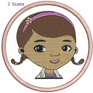May include: Embroidered patch featuring a cartoon illustration of a young girl with brown hair, brown eyes, and a purple headband with a pink flower. She is wearing a white shirt with a purple collar. The patch is surrounded by a pink circle.
