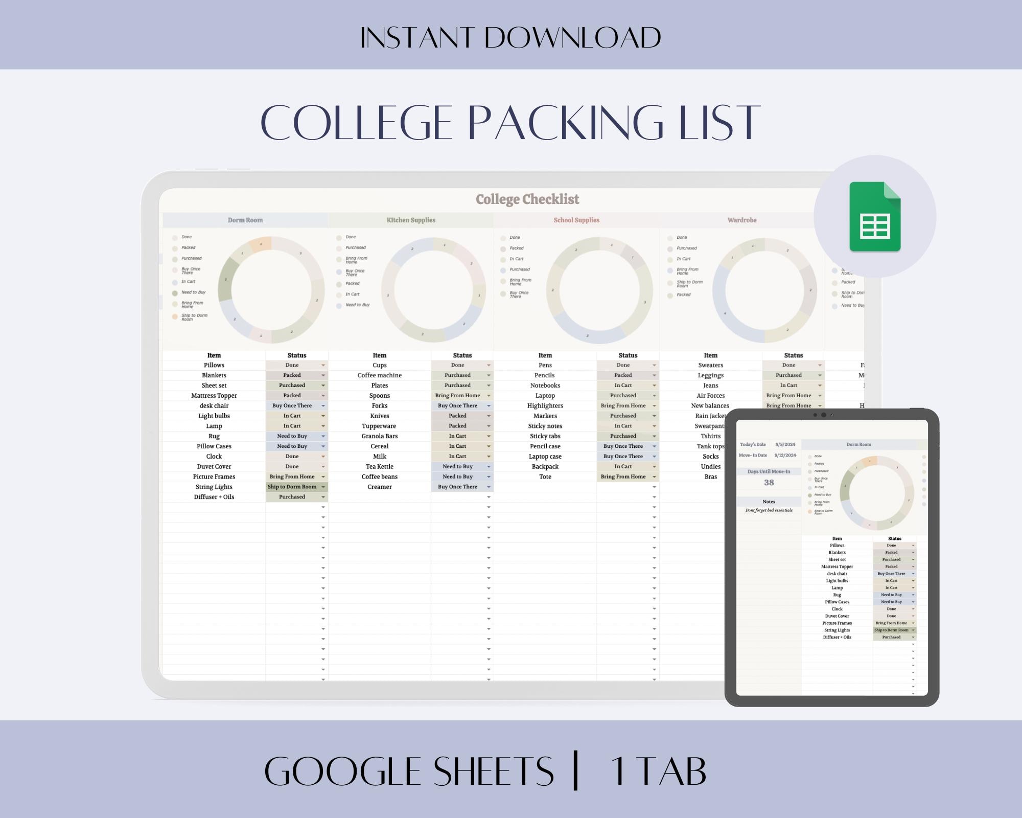 College Packing List: Customizable Google Sheets (digital Download) - Etsy