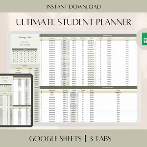 May include: A digital planner for students, designed for use with Google Sheets. The planner has three tabs: Biology 340, Grades, and Tests & Quizzes. Each tab includes a calendar, assignment list, and grade tracker.
