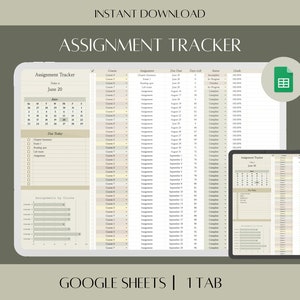 Könnte beinhalten: Eine digitale Aufgaben-Tracker-Vorlage für Google Sheets. Die Vorlage enthält einen Kalender, eine To-Do-Liste und einen Bereich zur Verfolgung von Aufgaben nach Kursen. Die Vorlage soll Schülern helfen, organisiert zu bleiben und ihre Schularbeiten im Auge zu behalten.