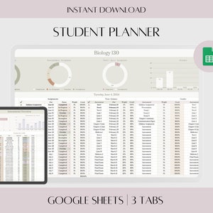 May include: A digital student planner template in Google Sheets with three tabs: "Assessment Overview", "Assignments", and "Tests/Quizzes". The template includes a visual overview of assignments, a calendar, and a progress tracker.