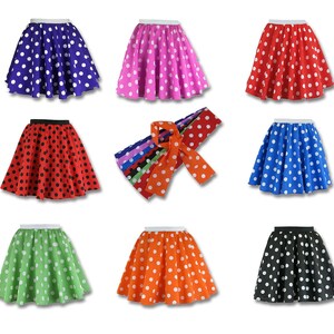 Girls Polka Dot Rock n Roll 50s Skirt & Scarf Fancy Dress Jive Costume Optional Net Under Skirt image 1