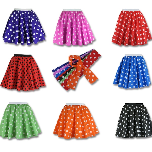Girls Polka Dot Rock n Roll 50s Skirt & Scarf Fancy Dress Jive Costume - Optional Net Under Skirt