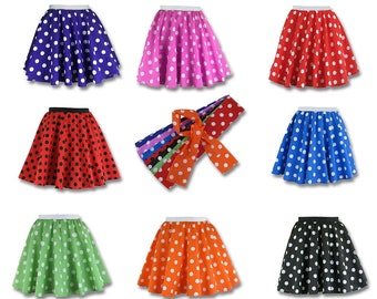 Girls Polka Dot Rock n Roll 50s Skirt & Scarf Fancy Dress Jive Costume - Optional Net Under Skirt