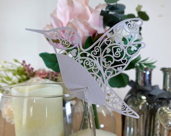 Hummingbird Wedding Name Place Cards - Laser Cut Pearlescent Card for glasses