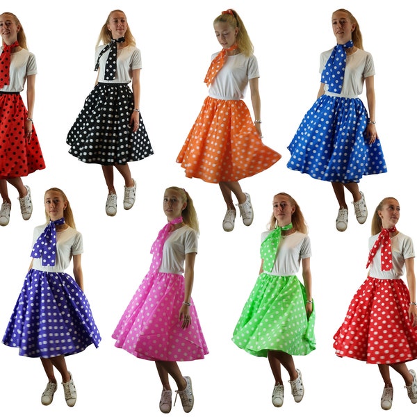 Ladies Polka Dot Rock and Roll Skirt and Scarf 50's Fancy Dress Costume - With Optional Net Underskirt