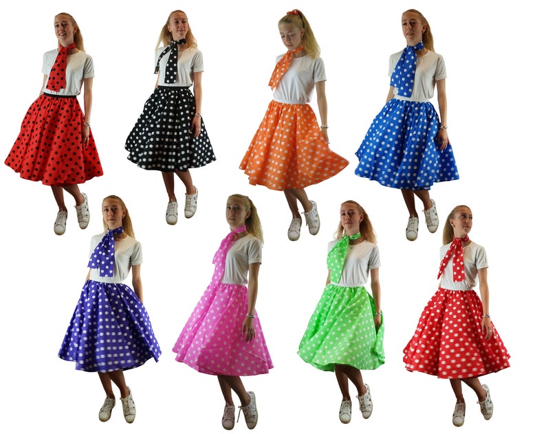Ladies Polka Dot Rock and Roll Skirt and Scarf 50's Fancy Dress Costume With Optional Net Underskirt image 1