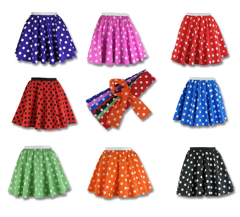 Girls Polka Dot Rock n Roll 50s Skirt & Scarf Fancy Dress Jive Costume Optional Net Under Skirt image 1