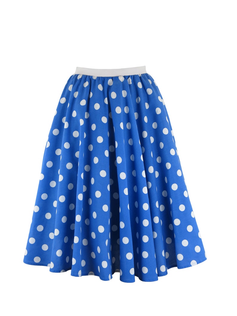 Ladies Polka Dot Rock and Roll Skirt and Scarf 50's Fancy Dress Costume With Optional Net Underskirt Blue and White