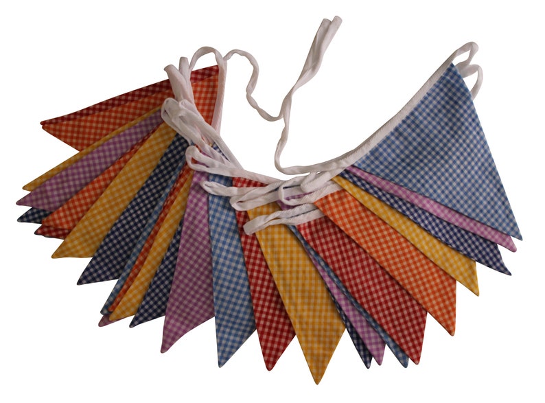 Multi Gingham Double Sided Fabric Bunting 3m or 10m Length available 10m - 30 Flags