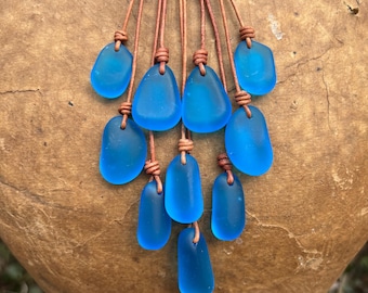 Blue sea glass knotted leather necklace, cultured seaglass pebble necklace, sea glass cluster leather necklace, sea glass cascade necklace