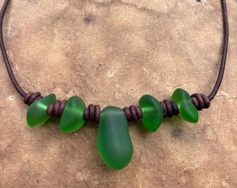 Green sea glass knotted leather necklace, cultured seaglass necklace, sea glass leather necklace, beach necklace, cruise necklace