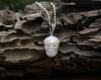 Pearl skull necklace, white pearl skull necklace, pearl skull pendant, hand carved pearl skull necklace, Halloween necklace