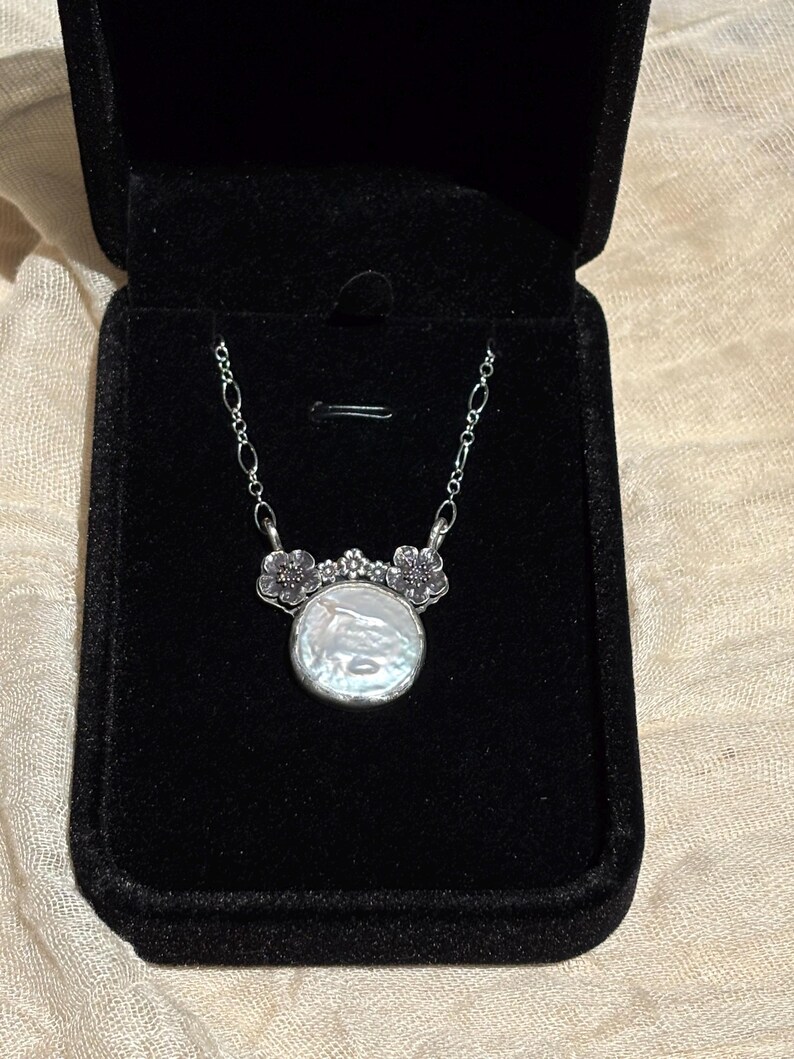 Coin Pearl and Flower Minnie Mouse handmade sterling silver necklace image 7