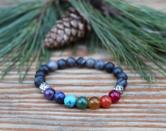 Black network chakra bracelet, 8mm agate gemstone bracelet, rainbow crystal bead bracelet, pride stretchy bracelet, reiki healing, valentine