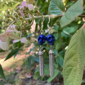 Lapis lazuli skull tassel earrings, lapis lazuli skull earrings, blue skull drop earrings, blue skull dangle earrings, skull chain earrings