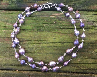 Gray pearl necklace, purple pearl necklace, baroque pearl necklace, double strand pearl necklace, statement necklace, iridescent necklace