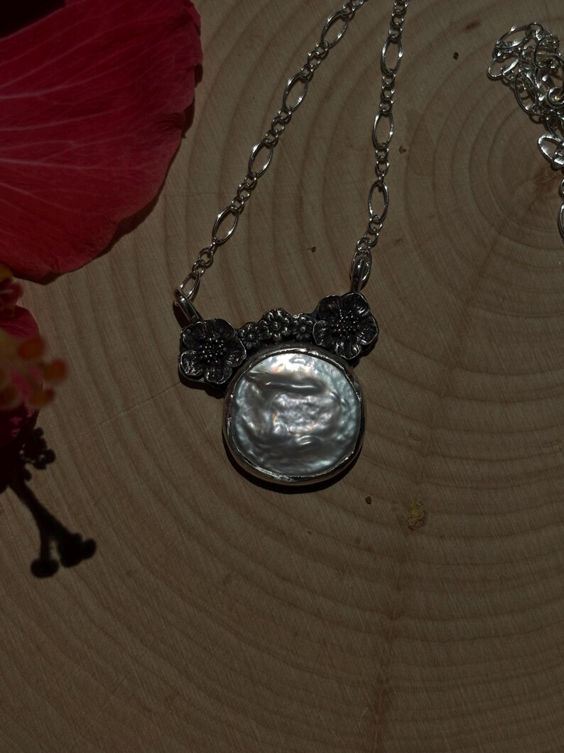 Coin Pearl and Flower Minnie Mouse handmade sterling silver necklace image 10