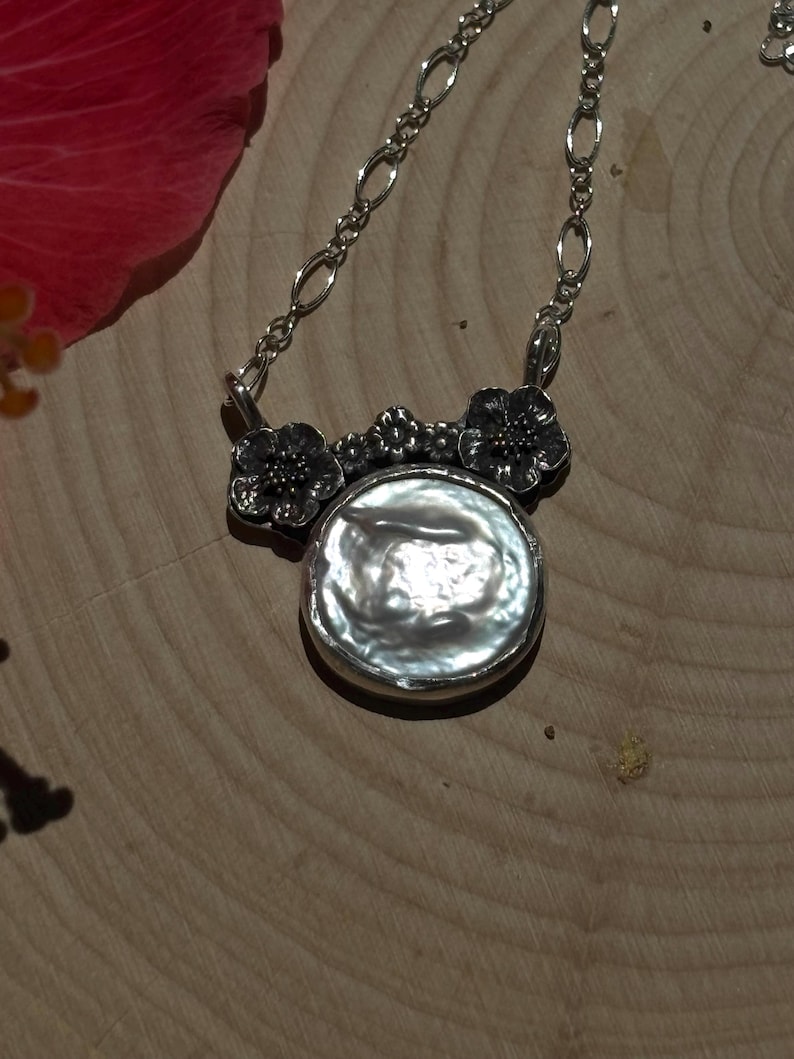 Coin Pearl and Flower Minnie Mouse handmade sterling silver necklace image 8