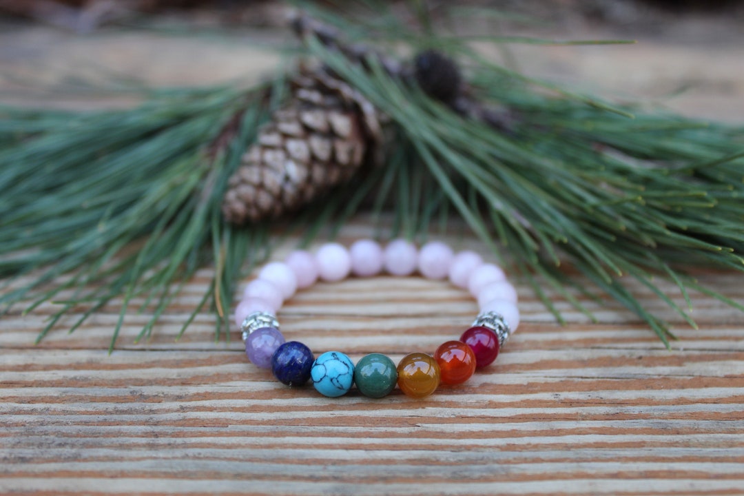 Rose Quartz Chakra Bracelet, 8mm Chakra Gemstone Bracelet, Rainbow