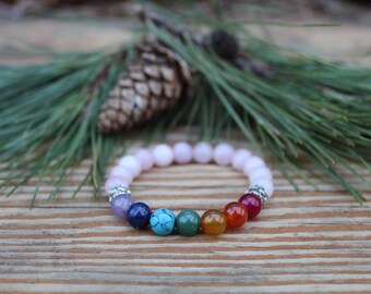 Rose quartz chakra bracelet, 8mm chakra gemstone bracelet, rainbow crystal bead bracelet, pride stretchy bracelet, reiki healing, valentines