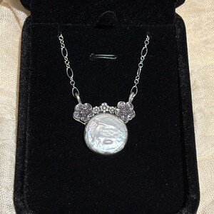 Coin Pearl and Flower Minnie Mouse handmade sterling silver necklace image 2