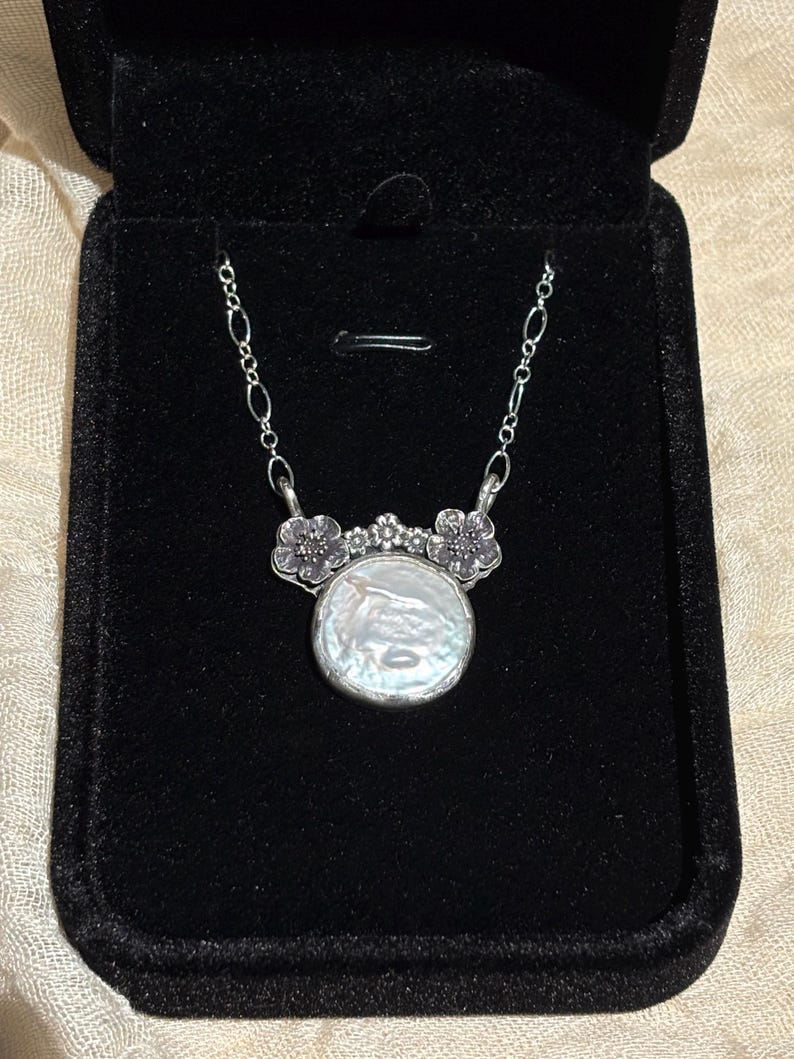 Coin Pearl and Flower Minnie Mouse handmade sterling silver necklace image 2