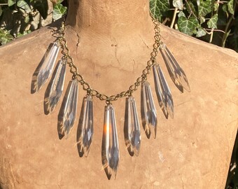 Vintage Chandelier Crystal Necklace, Brass Chain Bib Necklace