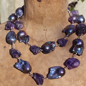 Huge baroque pearl necklace, pearl and amethyst statement necklace, chunky crystal and pearl necklace, purple statement necklace